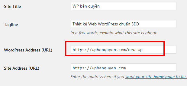 New WP Address URL wordpress settings,cấu hình wordpress