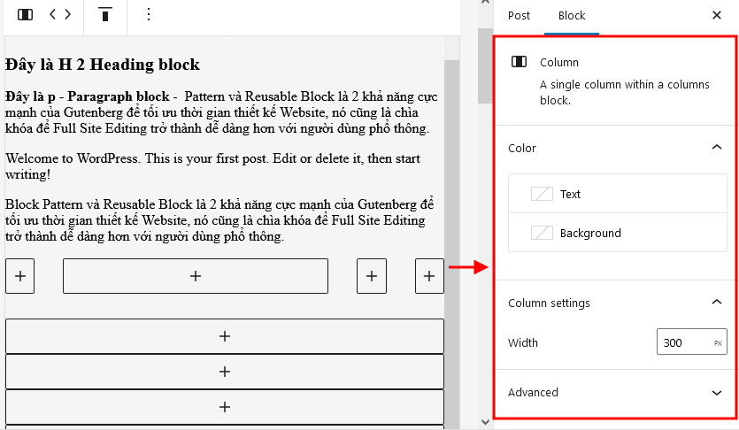 column block sử dụng gutenberg,sử dụng block editor,hướng dẫn gutenberg,Gutenberg Block Editor