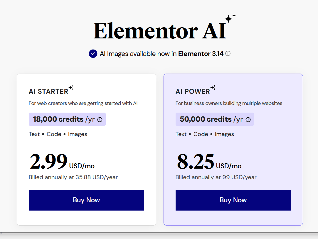 Bảng giá Elementor AI Credits