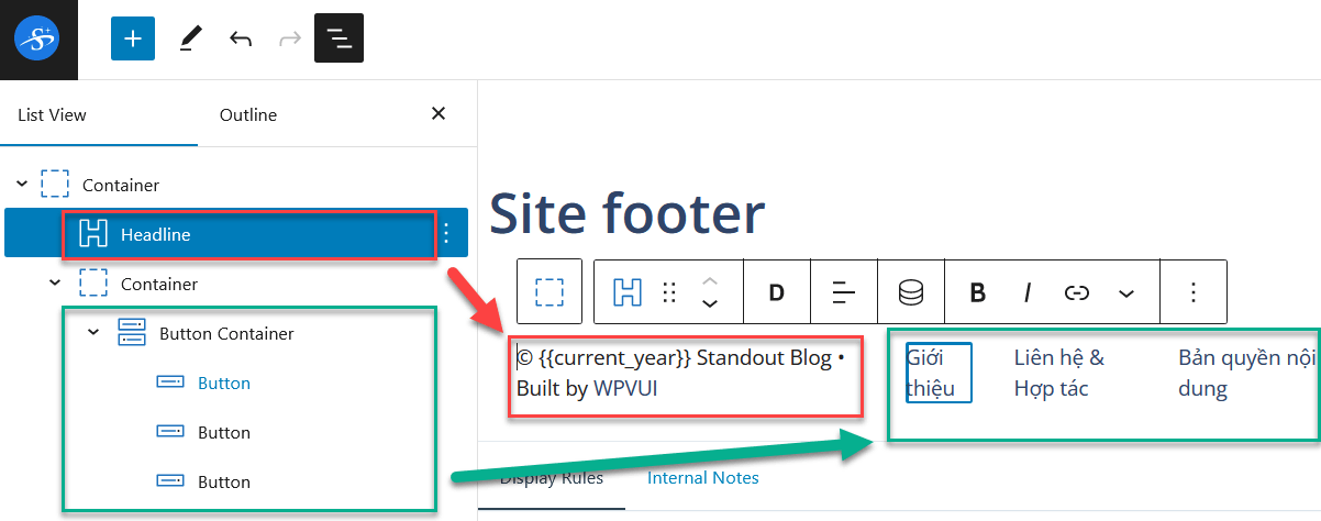 site footer GP Elements, GeneratePress Elements, Hook